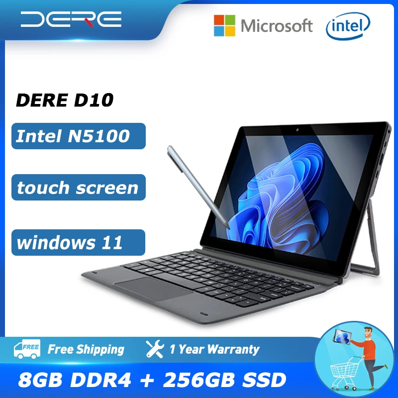 Dere D10 Touch Screen Laptop 10.1&quot 2-in-1 FHD IPS 8GB RAM 256GB SSD Intel Celeron N5100 Portable Computer Windows 11 Notebook |