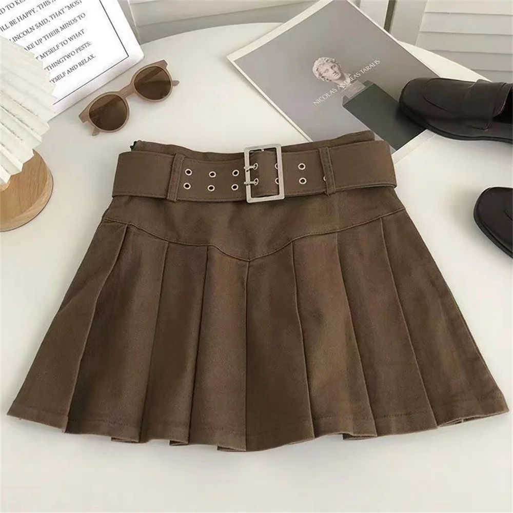 【in a row】High Teen Belt Pleated Skirt Pants BEAUDRM Women's Pleated Jean Skirt High Waist Buckle Belt A