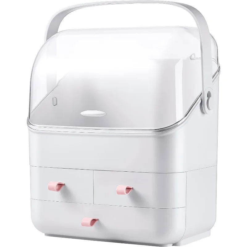 LINFIDITE Cosmetic Storage Box with Lid Makeup Organizer Box with Dust Free Cover Portable Handle,Large Makeup Display Case With
