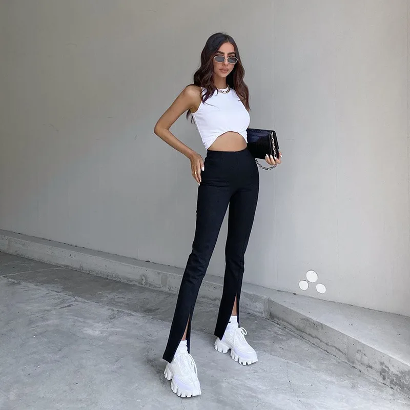 Ggbaofan Fashion Sexy Black High Waist Zipper Split Pants For Women Summer Skinny Femme Pantalon Streetwear Slim Trousers cropped leggings