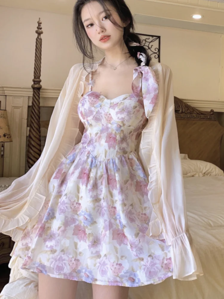 

Pink Cute Girl Dress Floral Summer Dress Women V-Neck Beach Sweet Sexy Strap Mini Dress Female Korean Backless Casual Party