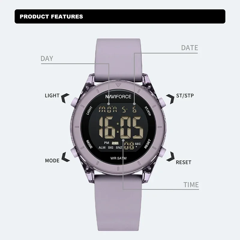 NAVIFORCE NF7108 ساعة كاجوال للسيدات  50 متر شاشة LCD مقاومة للماء شاشة ديجيتال حزام سيليكون إلكتروني ساعة نسائية