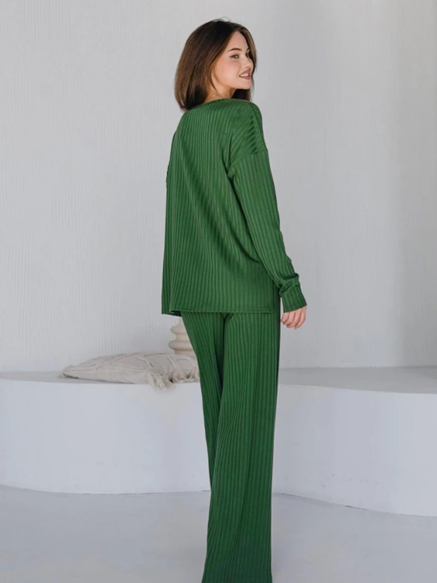 Marthaqiqi Winter Femme Home Clothes Long Sleeve Sleepwear Long Sleeve Nightwear Wide Leg Pants Causal Ladies Nightgowns Suits