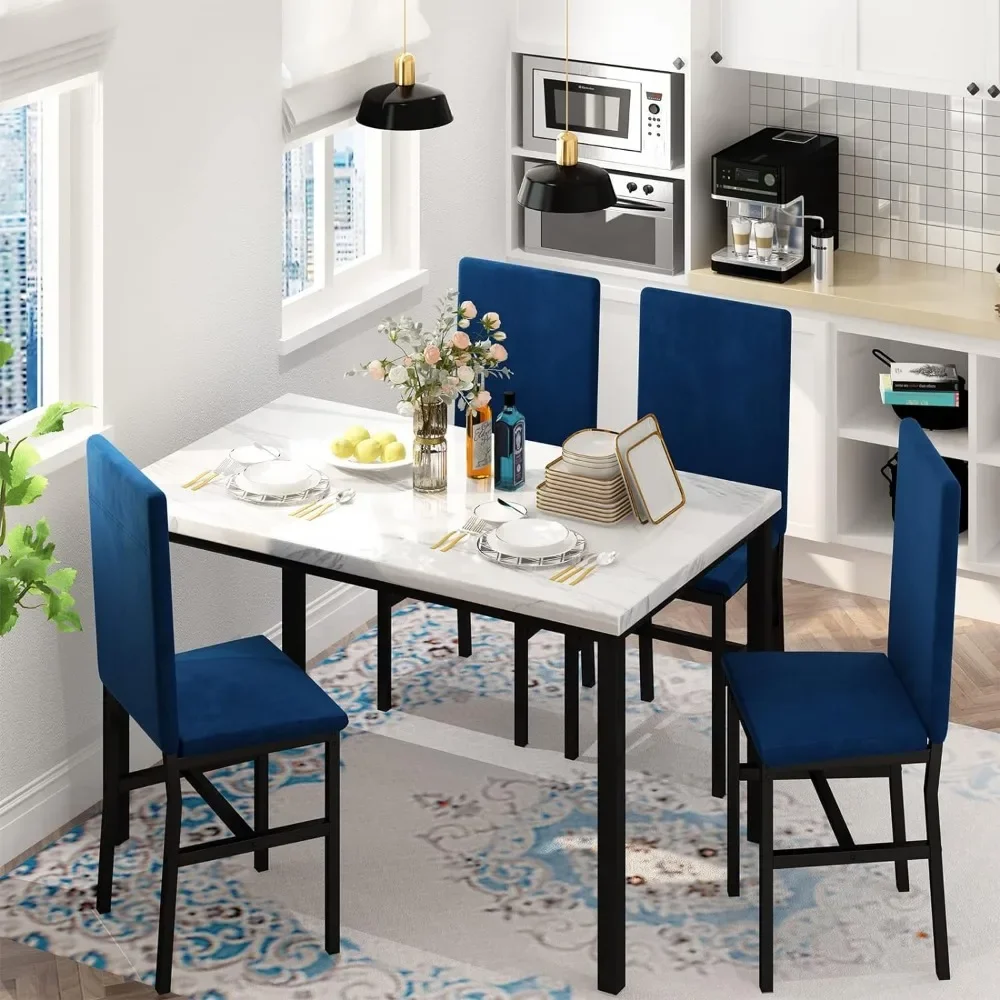 Dining Table Set for 4 Modern Style Faux Marble Tabletop & 4 Velvet Chairs for Dining Room Kitchen Breakfast Small Spaces