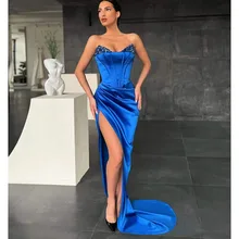 

Blue Sexy Evening Dresses Satin Sequined V-Neck Strapless High Split Sweep Train Formal Party Long Prom Dress Robes De Soirée