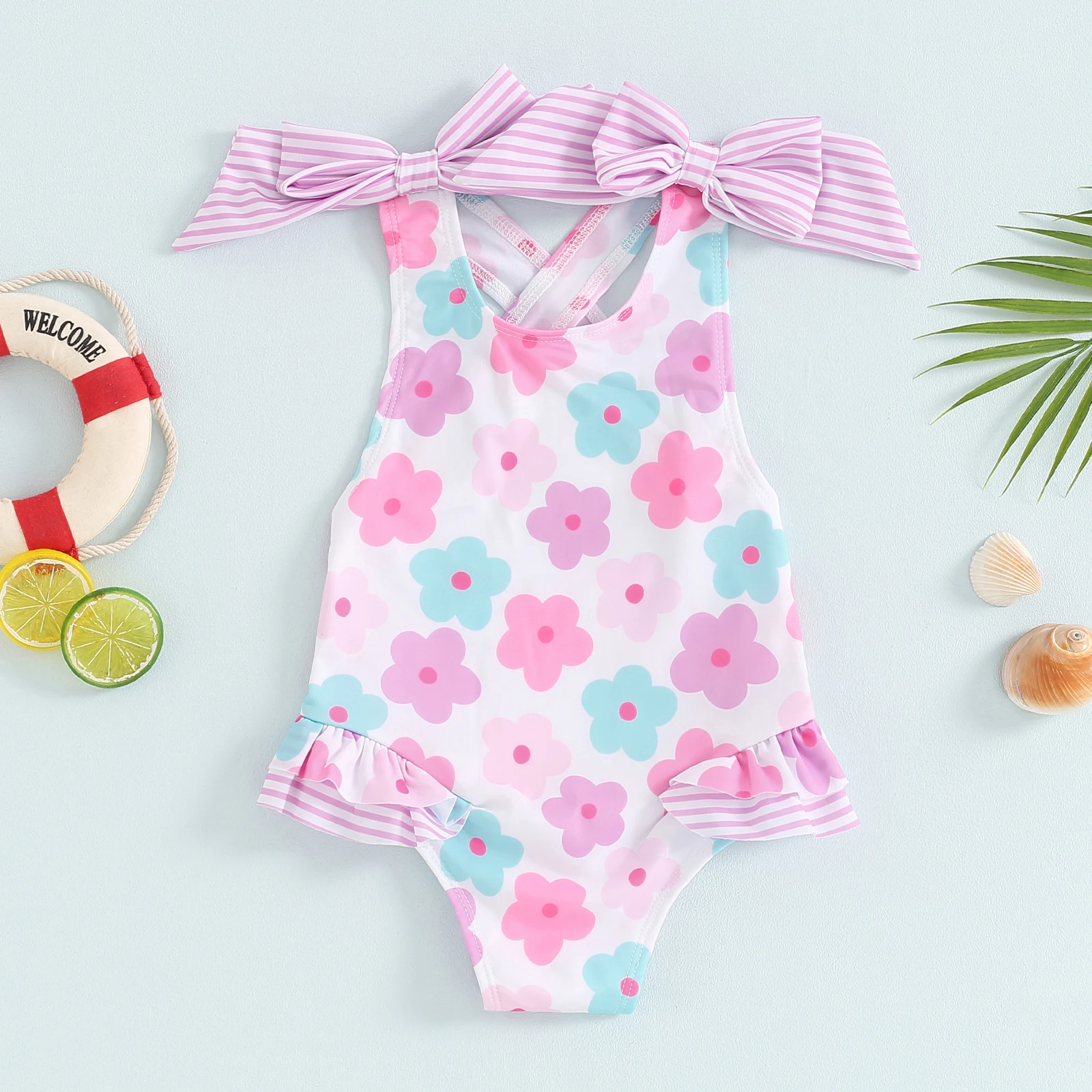FOCUSNORM 1-6Y Little Kids Girls Summer Bathing Suit Flower Print Frill Trim Round Neck Sleeveless Swimsuit with 3D Bow 5