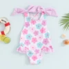 FOCUSNORM 1-6Y Little Kids Girls Summer Bathing Suit Flower Print Frill Trim Round Neck Sleeveless Swimsuit with 3D Bow 5