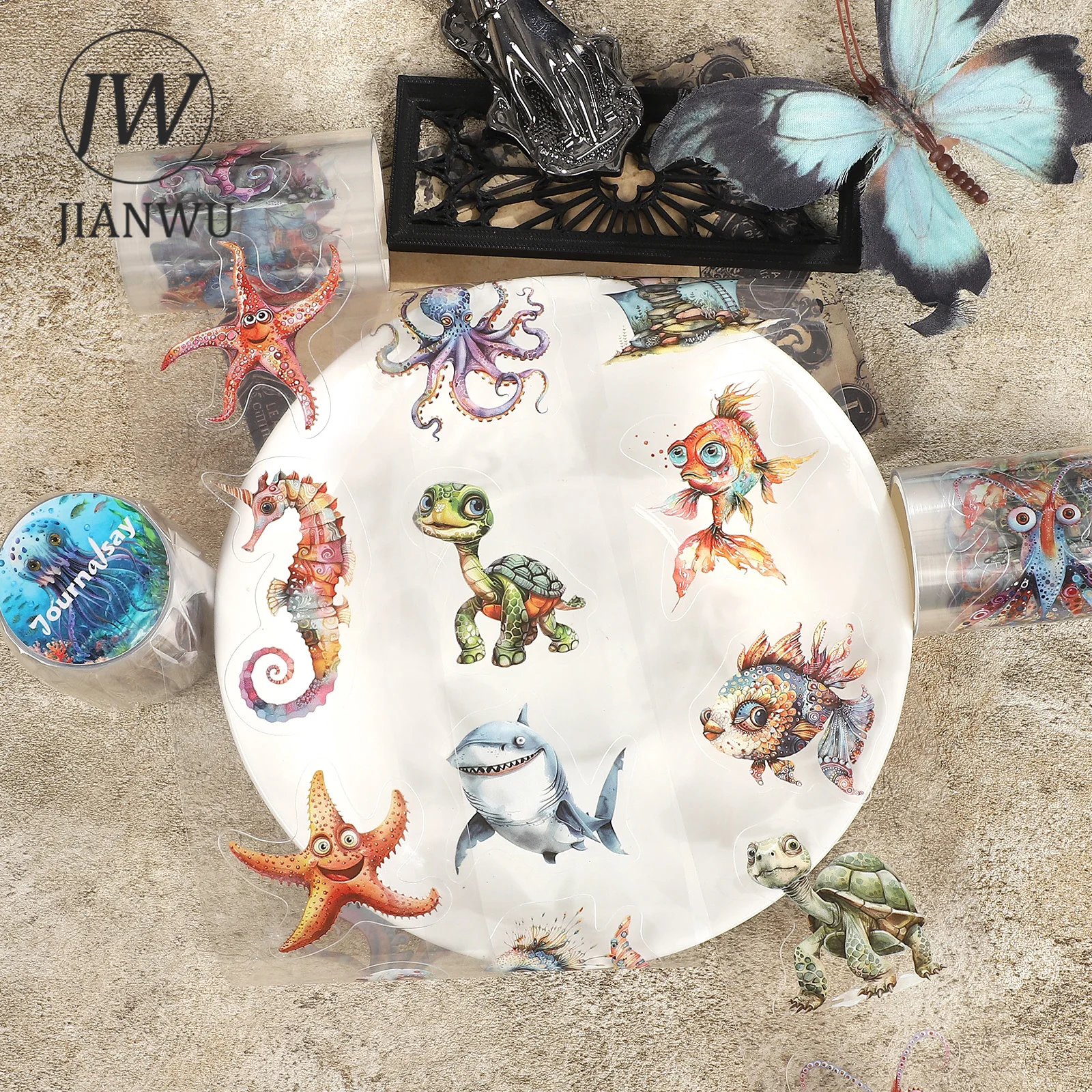 JIANWU 60mm*200cm 빈티지 해저 동물 풍경 소재 콜라주 스크랩북 PET 테이프 창의적인 DIY 저널 문구류