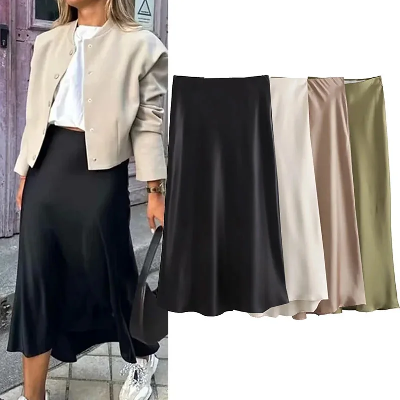 Willshela 2024 Black Satin Skirt Woman High Waist Elegant Long Skirts For Women Fashion Summer Midi Skirt Office Women’s Skirts Best Sellers In Women's Clothing