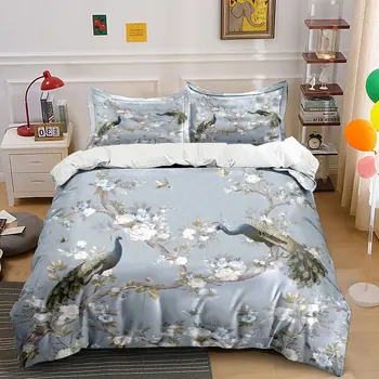 Vintage Peacock White Peony Floral Bedding Set,Elegant Blue Background Bird Butterfly Print Duvet Cover,Oriental Chinese Style 1