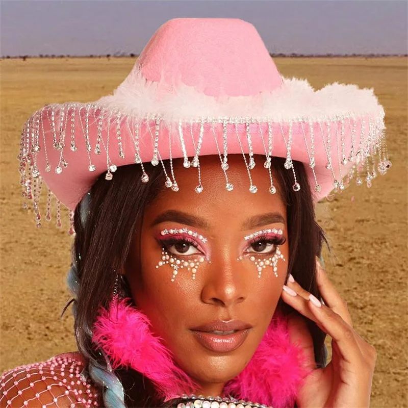 CHRONSTYLE Rhinestones Tassels Cowboy Hat Party E-girls Casual Outwear Feather Patchwork Caps Vintage Elegant Hats Clubwear,cowboy hats