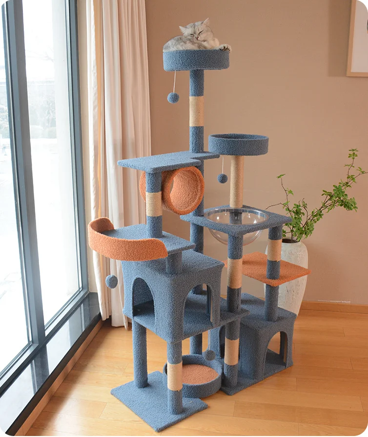 Cat Tree Tower With Sisal Scratching Post 64 Inch 162cm 2 Condos Luxury Pet Climbing Tree Multi-Level Wooden MDF Plywood OEM/ODM