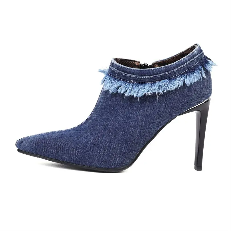 

Deep Cut Women Single Shoes 2023 Blue Jeans Autumn Spring Short Women Shoes Elegance High Heels Party Ladies Pointed Toe Shoes