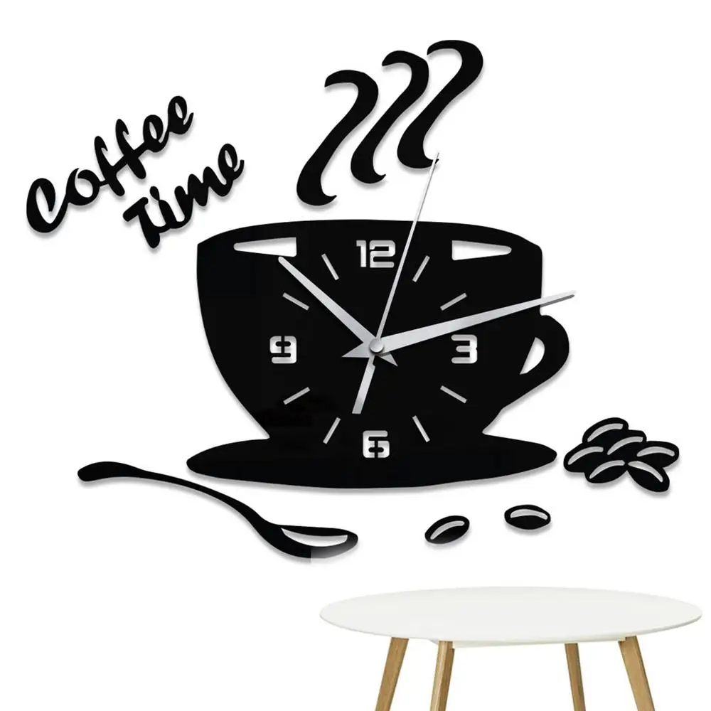 Description Picture 3 of item3D Mirror Coffee Cup Shaped Wall Clocks Modern Design Creative Wall Clock Sticker For DIY Kitchen Living Room Home Decorations