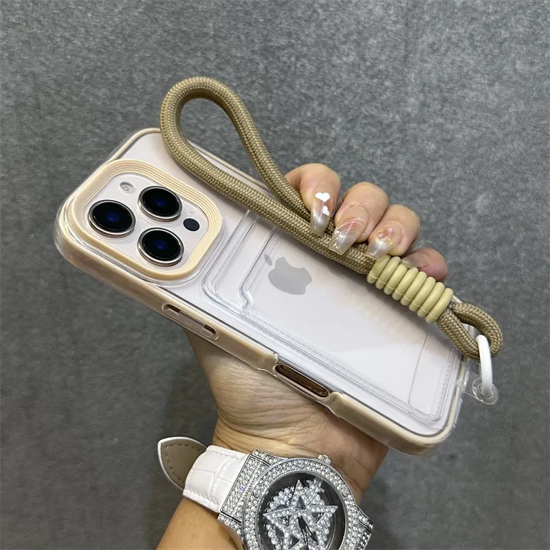 Luxury Clear Card Holder Wallet Case with Wrist Strap and Hand Rope in Soft Silicone