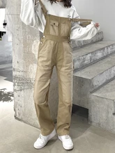 

Khaki Denim Jumpsuits Contrast Patchwork Pockets Streetwear Cargo Jeans Woman Vintage 90s Casual Straps Overalls Grunge