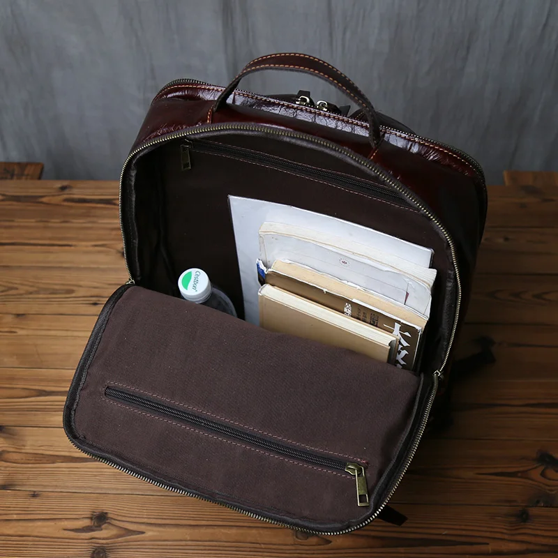 NZPJ Men's Vintage  Genuine Leather Backpack Top Layer Cowhide Large Capacity Casual Travel Bag Suitable For 17 Inch Laptops