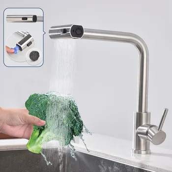 2025 nuovo rubinetto per lavello da cucina a sei funzioni estraibile in acciaio inossidabile 304 grigio pistola rubinetto rotante caldo e freddo 1