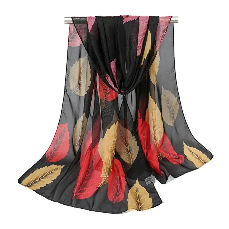 Women Printed Chiffon Silk Scarf Outdoor Casual Leaves Flowers Beach Towel Ladies Sun Protection Light Comfortable Shawl