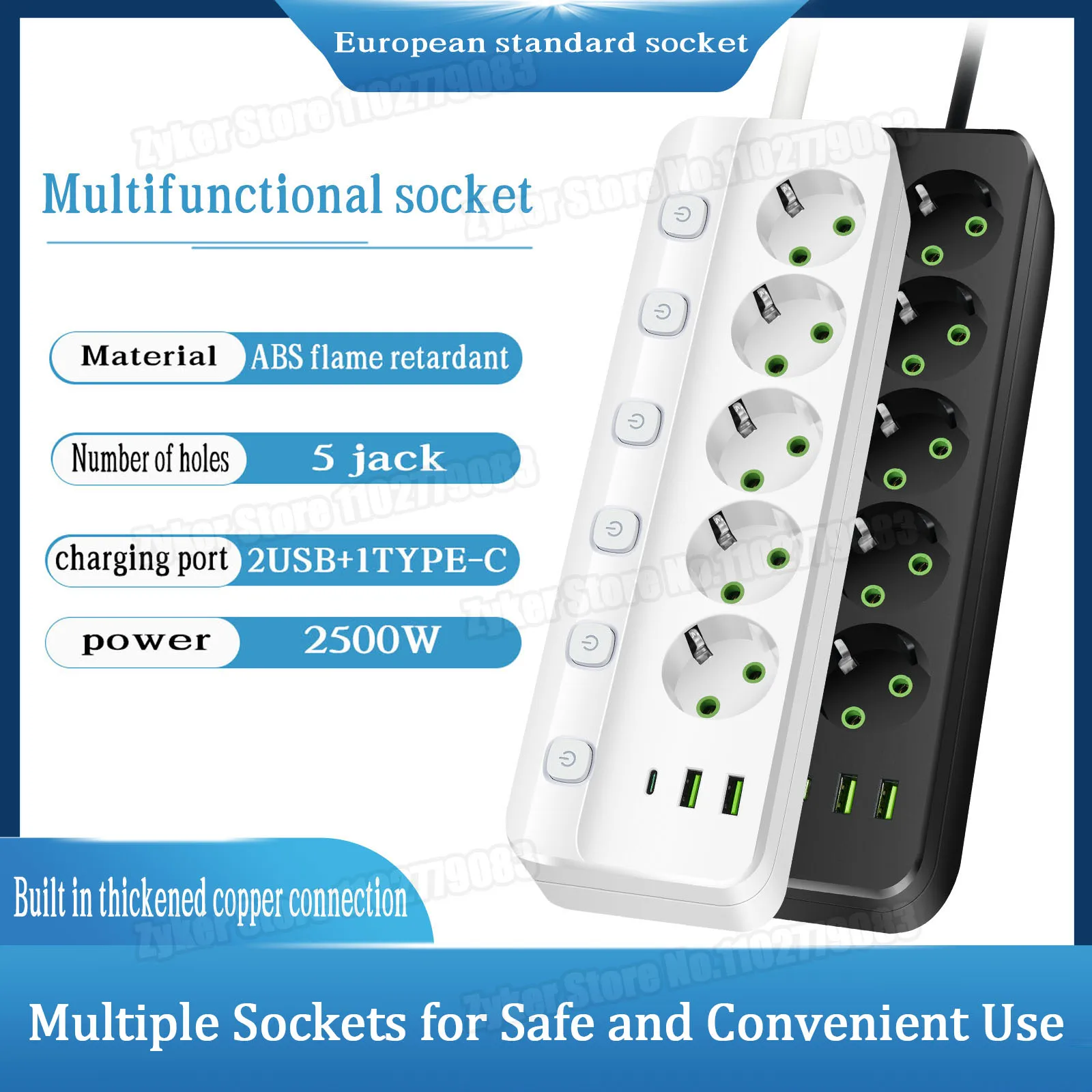 EU Plug Electrical Socket with 5 AC Outlets 2 USB Ports 1 Type C 8 in 1 Plug 2M Power Strip for Home Office EU AC Socket Adapter