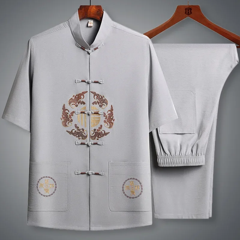Chinese Traditional Tang Clothing Kung Fu Suit Fashion Casual Embroidery T-shirt Pants Wing Chun Tai Chi Comfortable Men Set
