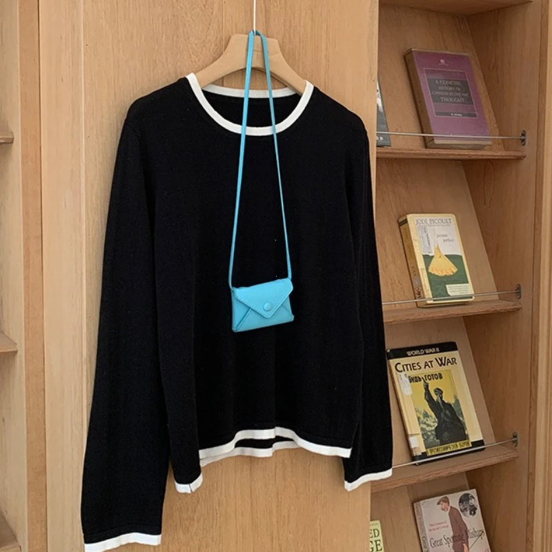 100% Cotton Women O-neck Color Blocking Long Sleeved Shirt Spring and Autumn Loose Fashionable Knitted Long Sleeves High Quality