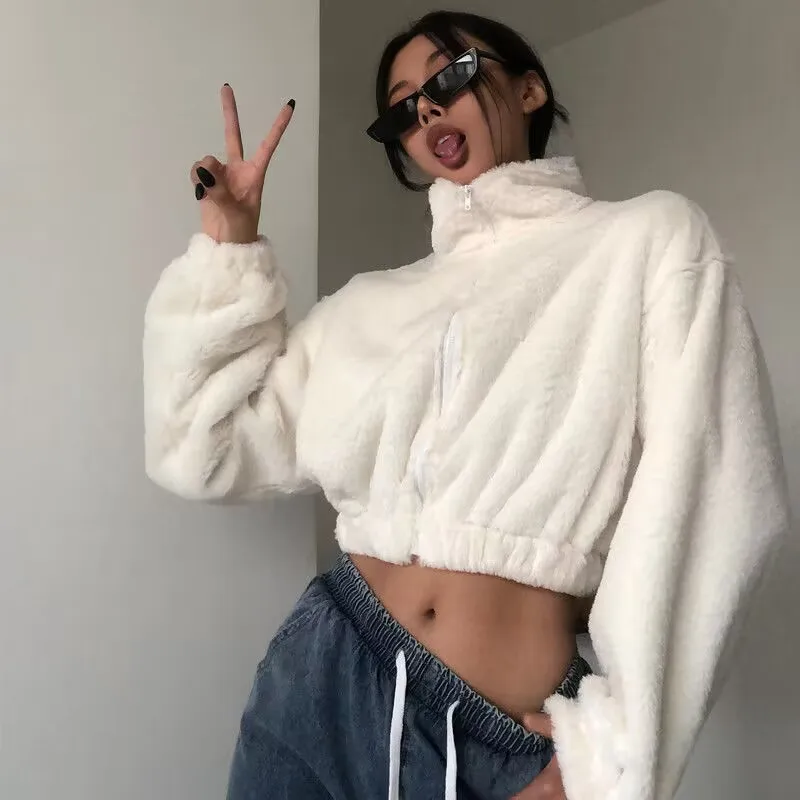 

Winter Warm Faux Fur Cozy Jacket For Women fluffy Streetwear Coat Female Fall cropped Outwear