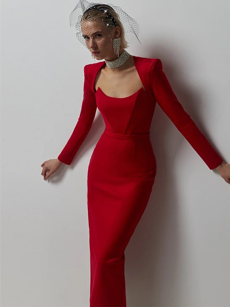 

Long Sleeve Bandage Dress Red Women Midi Party Dress Bodycon Elegant Sexy Evening Birthday Club Outfits 2023 New Year Fashion