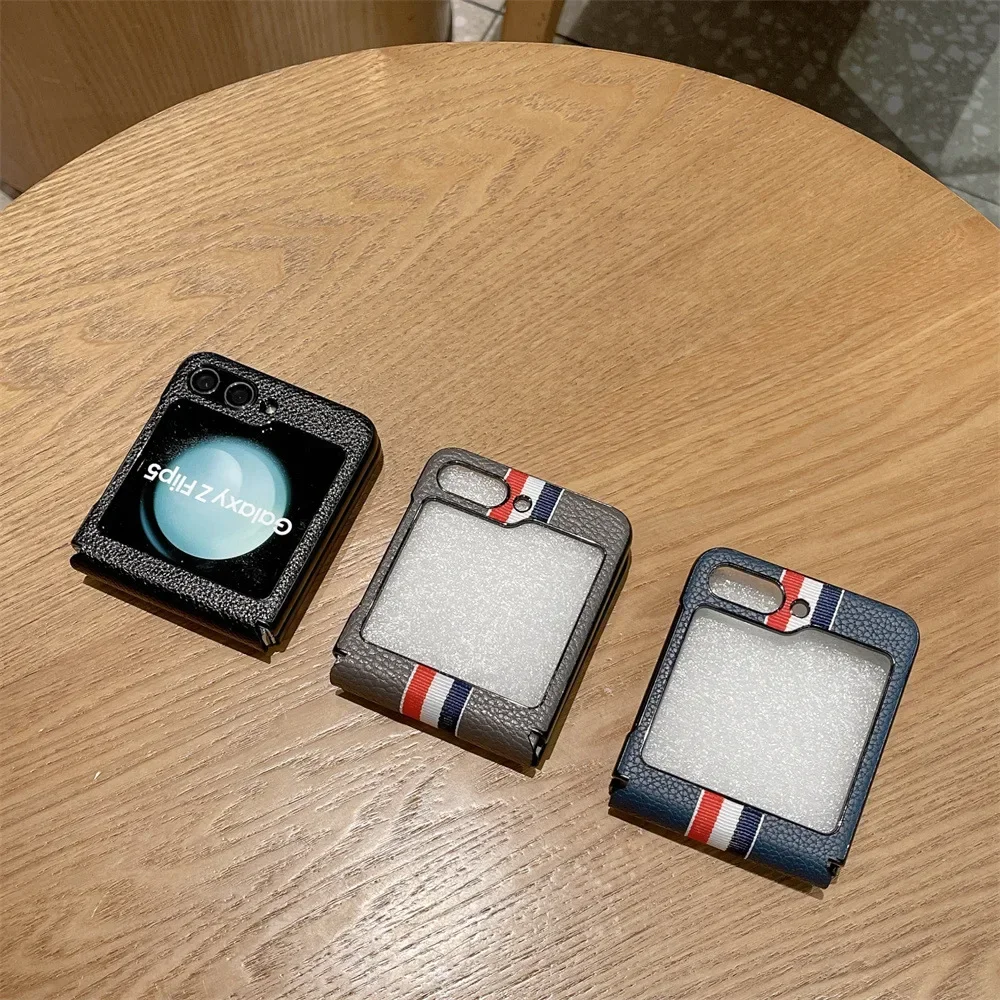 Luxury Leather Cases For Samsung Galaxy Z Flip5 Phone Case Lychee Pattern Fold Shell Anti-Knock All-Inclusive Z-Flip5 Cover