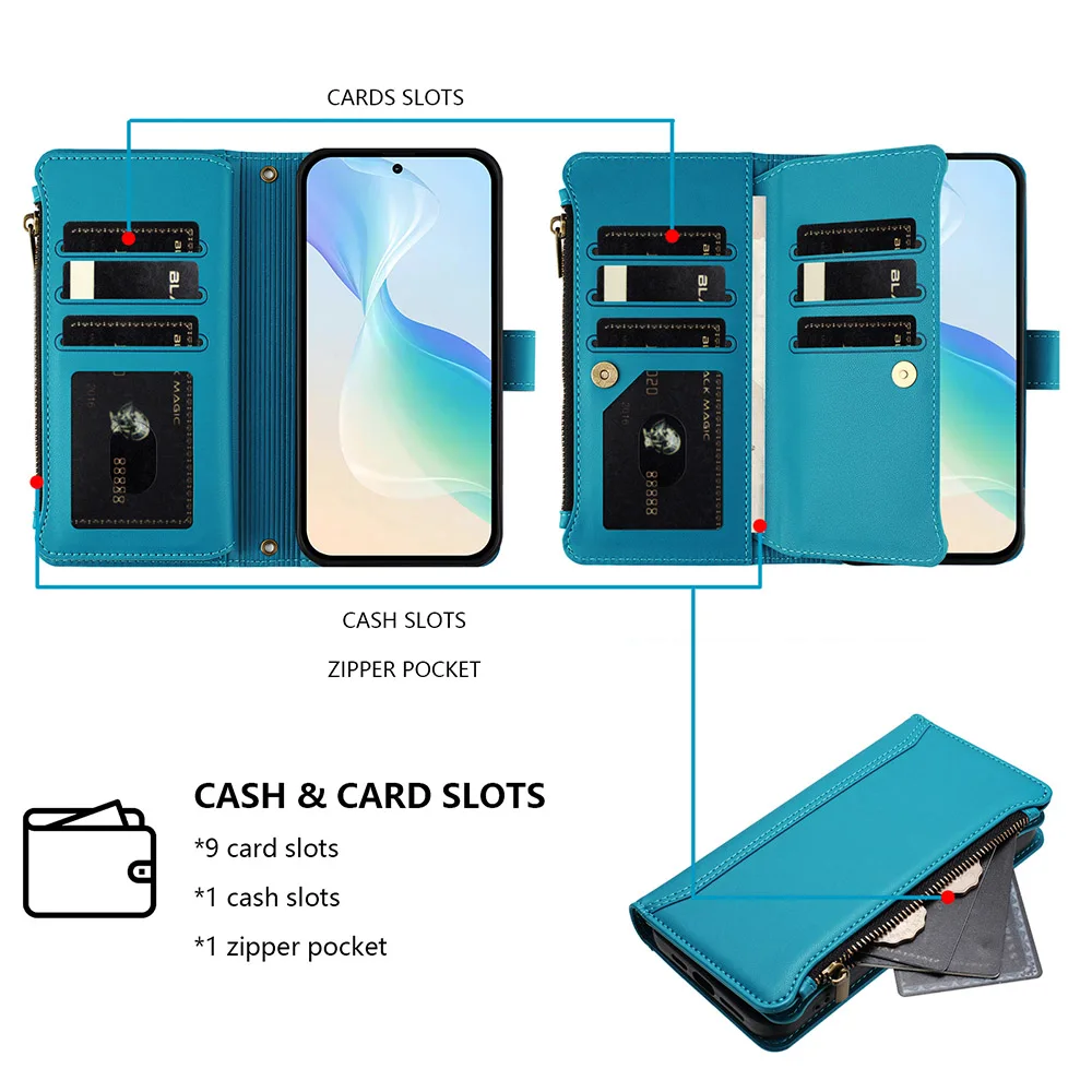 Leather Card Wallet Phone Cover with Wrist Strap and Crossbody Shell