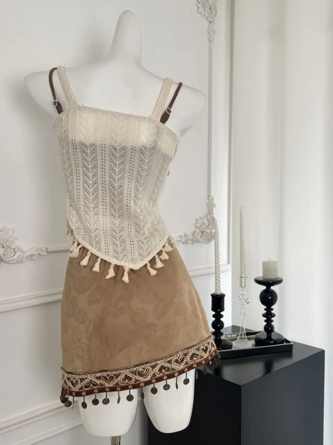Bohemian Chic Spring Summer Set Crochet Tassel Knit Vest High-Waist Shorts Flowy Skirt 3-Piece Beach Travel Outfit for Woman