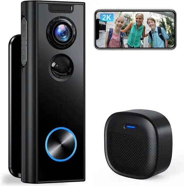 Wireless 2K Video Doorbell with Chime, 2-Way Audio, Human Detection, Night Vision, Alexa & Google Assistant Compatible