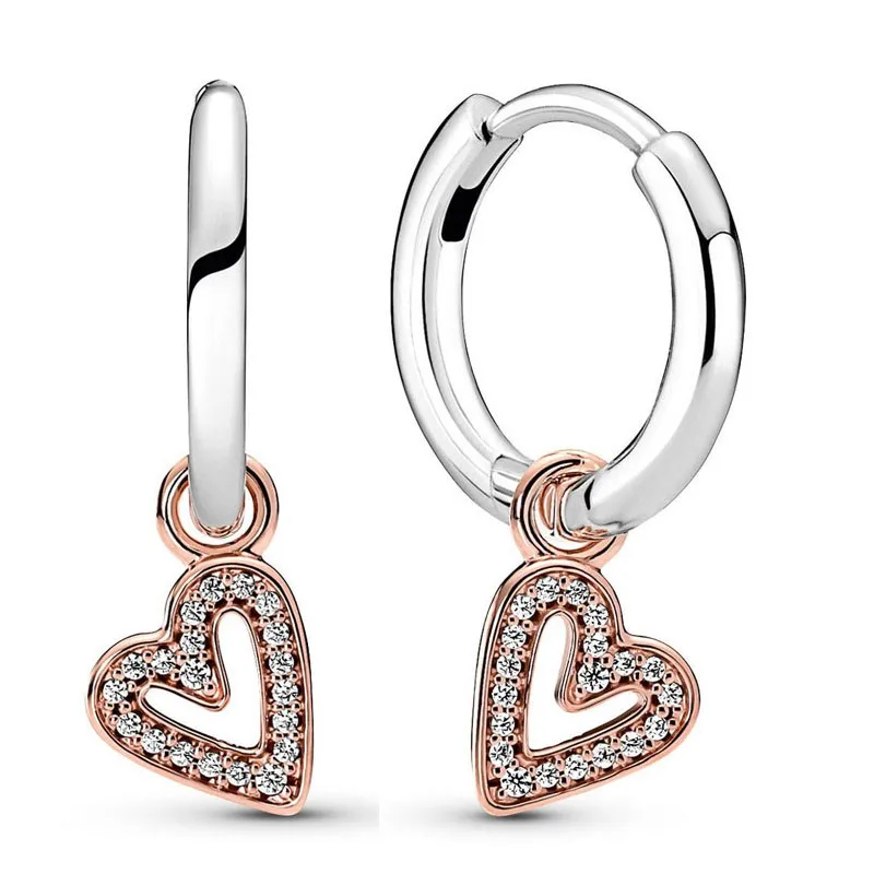 

Authentic 925 Sterling Silver Sparkling Freehand Heart With Crystal Hoop Earrings For Women Wedding Gift Fashion Jewelry