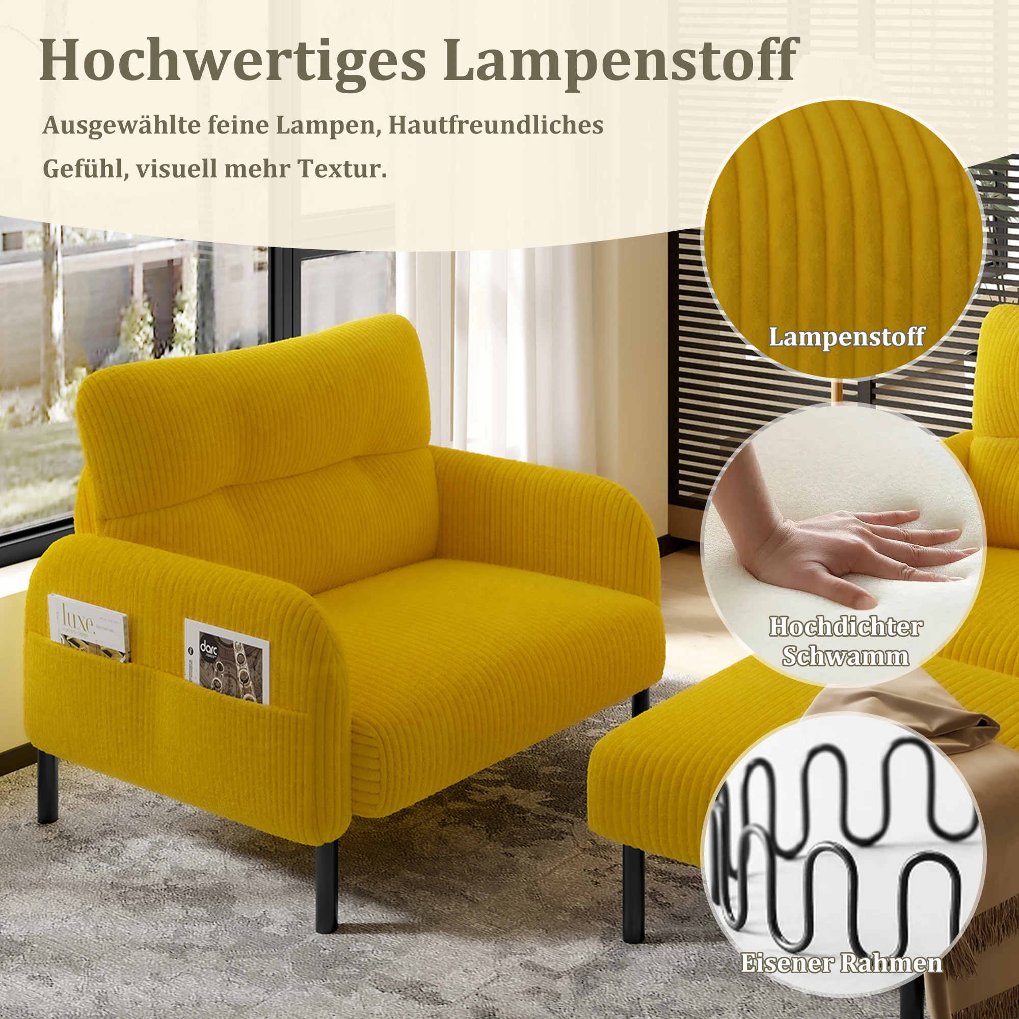 KOMHTOM Cord-3er-Set: 2-Sitzer Sofa + Sessel + Hocker, Seitentasche + Stahlrohrgestell + Extraweiche Rückenlehne – Detail 6