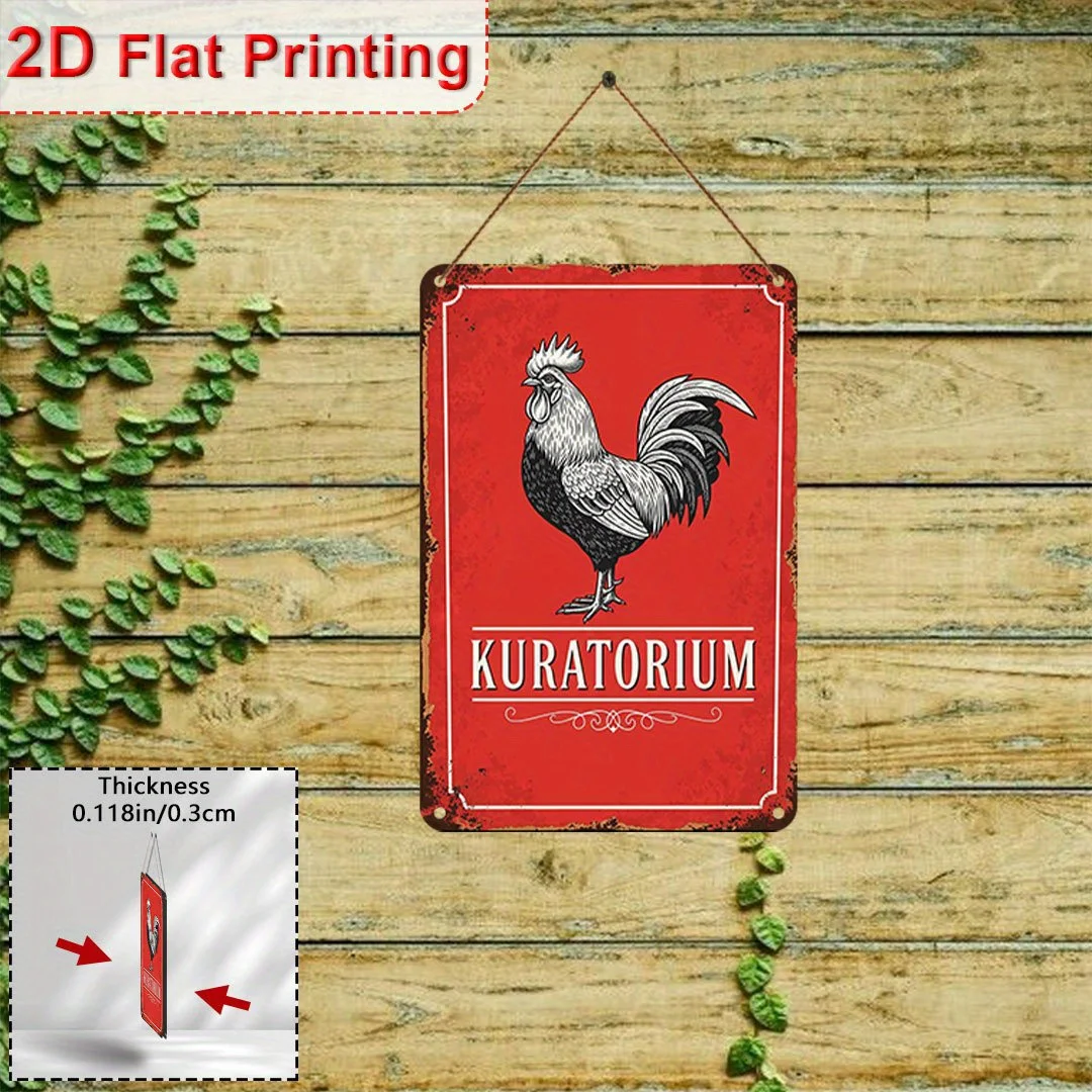 2D 평면 그림, 1개의 복고풍 작은 닭 모양의 KURATORIUM 나무 간판, 농가 벽 장식, 빨간색 배경과 텍스트가 있는 나무 간판