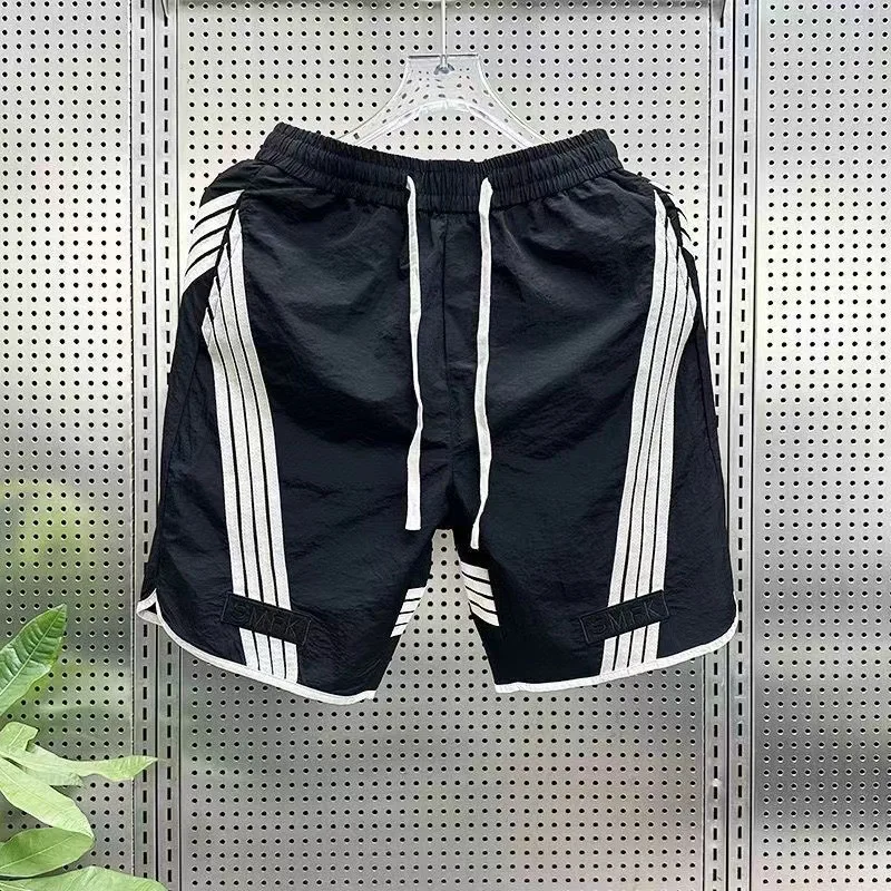 Summer Men's Ice Silk Thin Striped Stitching Shorts Youth Loose Beach Five Pants Casual Cropped Pants
