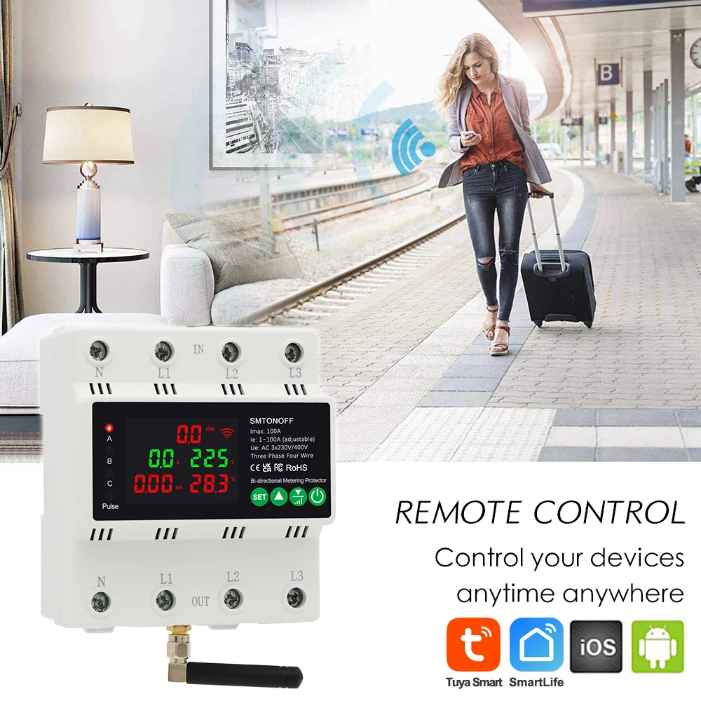 Tuya WiFi Three Phase 4P 100A Auto-Reclosing Over Under Voltage Protector Prepai