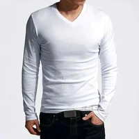 T-shirt élastique pour homme 2026, col en V, manches longues, vêtements pour homme, t-shirt uni, hauts et t-shirts neufs 4