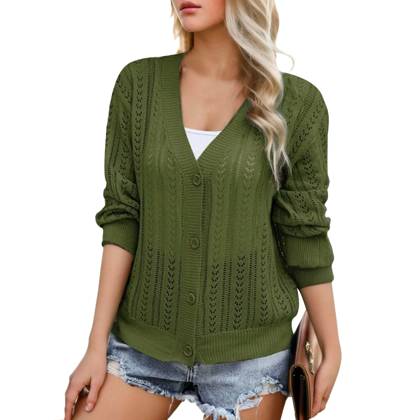 

Sweaters Women Knitting Cardigans Spring Fall Casual V-Neck Long Sleeve Daily Solid Single Breasted Cropped Sweater Coat