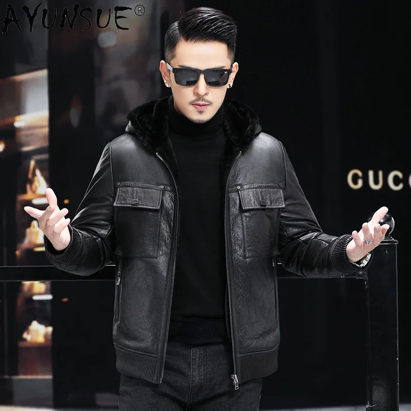 

White Duck Down Jacket Men 2021 Winter Hooded Woolen Collar Coat Genuine Cowhide Leather Jackets Casaco Masculino Gmm351