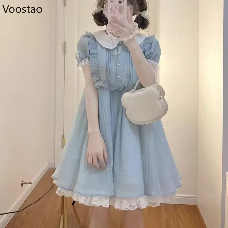 Summer Blue Kawaii Lolita Dress Women Sweet Puff Sleeve Peter Pan