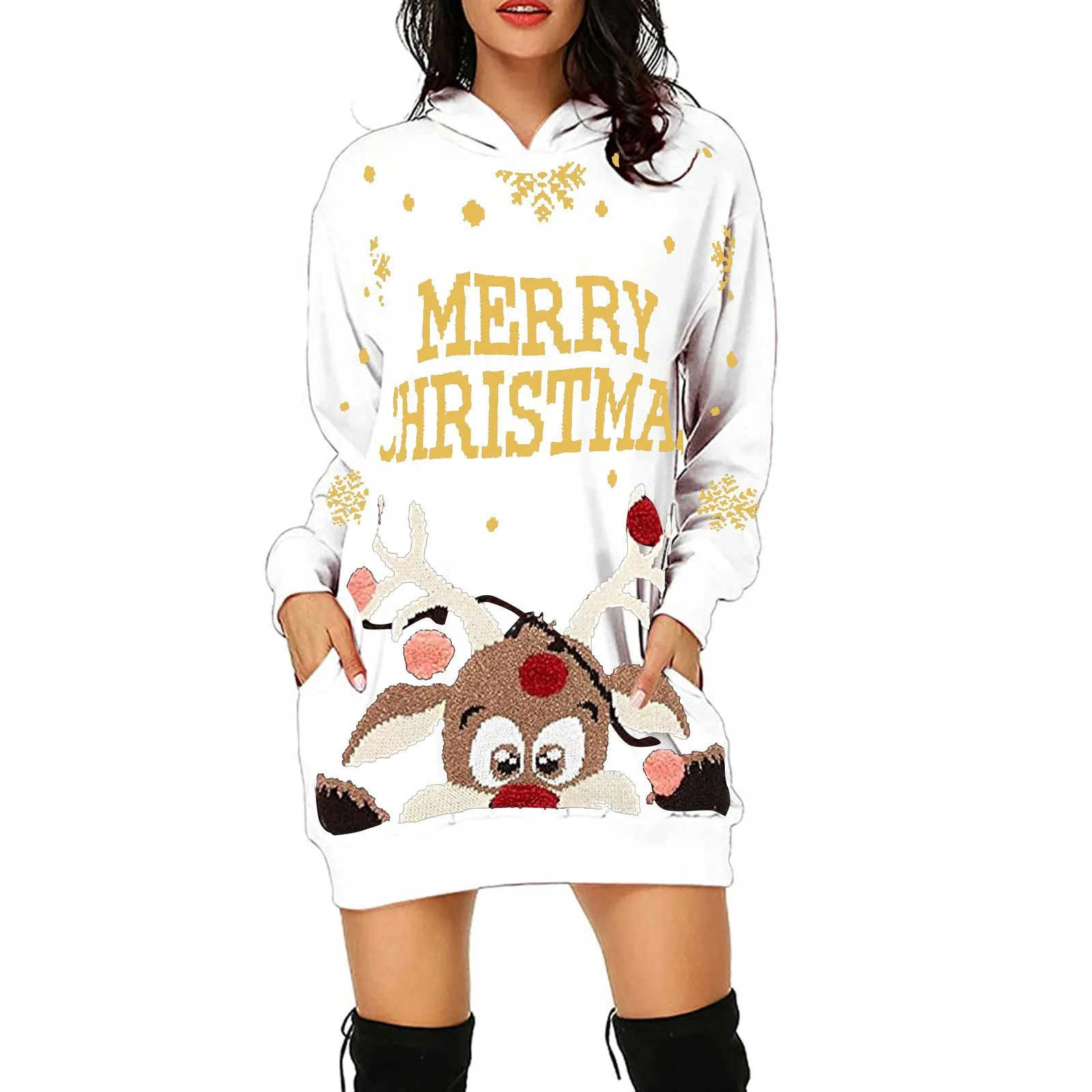 

Christmas women's printed medium length pocket hooded long sleeved sweatshirt