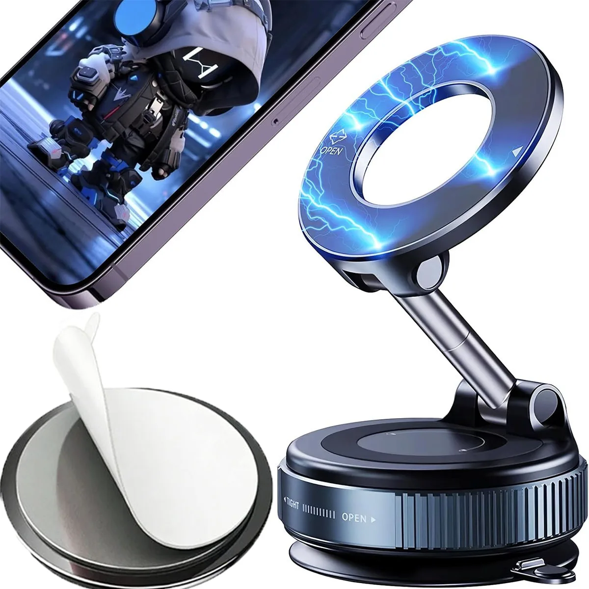 Foldable Magnetic Car Phone Mount – 360° Rotatable, Dashboard Suction Cup, with Extra Mount Pad & Adjustment Wrench, Versatile