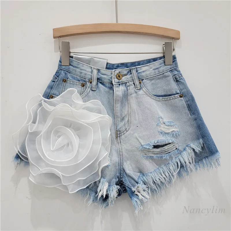 Three-Dimensional Flower Denim Shorts Women's 2024 New American Street Worn Washed-out Frayed A- Line Hot Pants Ins Jean Shorts