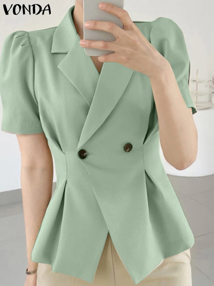 

Elegant Women Blazer Summer Coats 2023 VONDA Fashion Short Puff Sleeve Pleated Casual Loose Solid Color Blazer Outerwear Femme