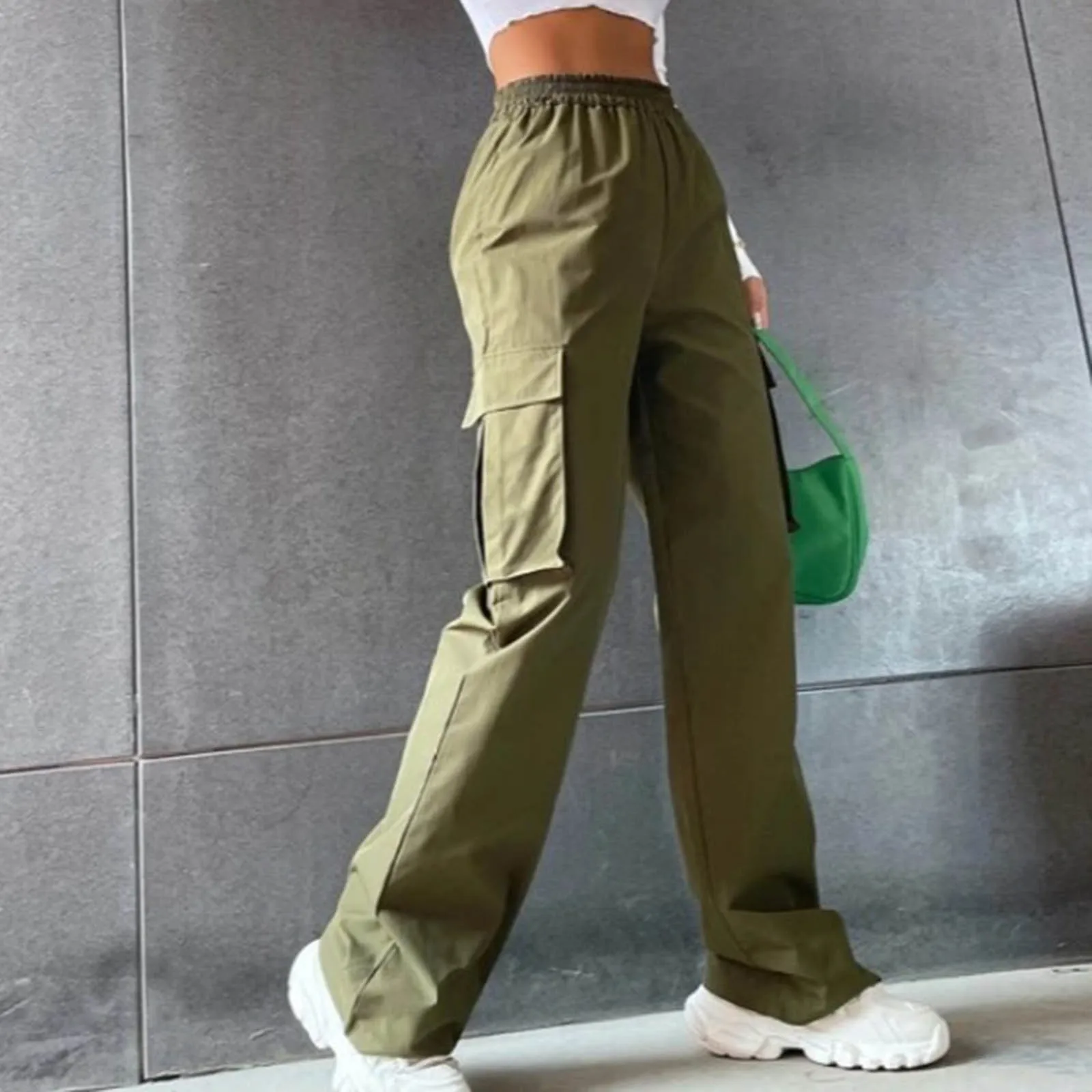 

Брюки-карго женские с завышенной талией, винтажные брюки с широкими штанинами, Мешковатые повседневные Модные уличные штаны для мам в стиле хип-хоп с несколькими карманами