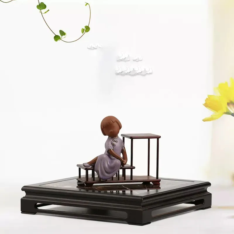 Carving Handicraft Ornament Base with Marble, Solid Wood Shelf, Flower Pot, Vase, Buddha Statue, Bracket