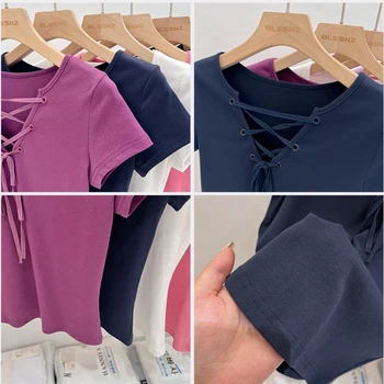 2025 خمر الصليب ضمادة الخامس الرقبة تي شيرت الصلبة سليم صالح قصيرة الأكمام البلوز المحملة Y2k الجمالية الشرير قمة الموضة غير رسمية 6