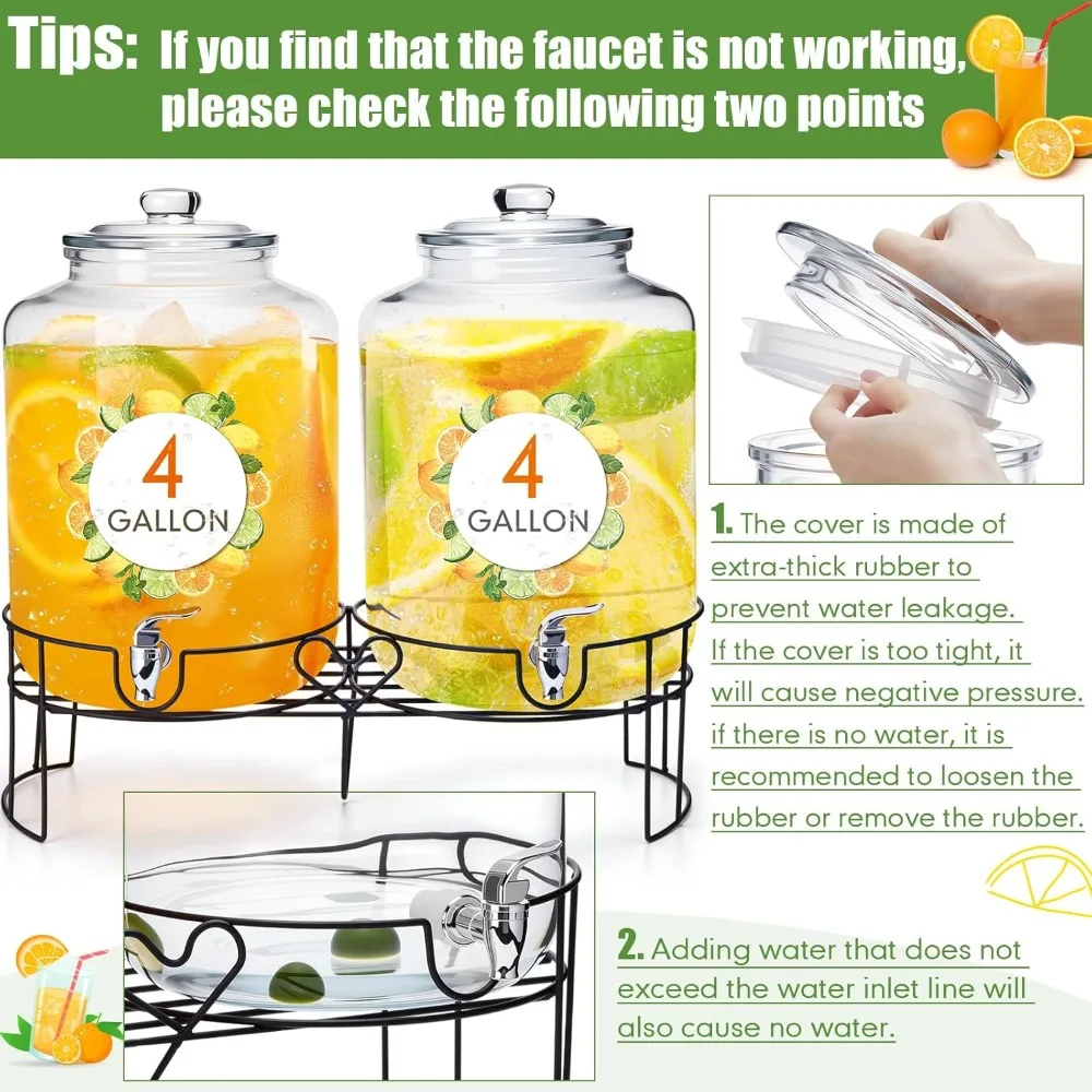 2 pack 4 gallon glass beverage dispenser with stand and spigot leakproof glass drink beverage storage for parties mason jar dis