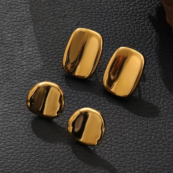 Minimalist Smooth Metal Round Rectangle Earrings for Women Gold Color Geometric Small Studs Ear Piercing Jewelry Party Gift